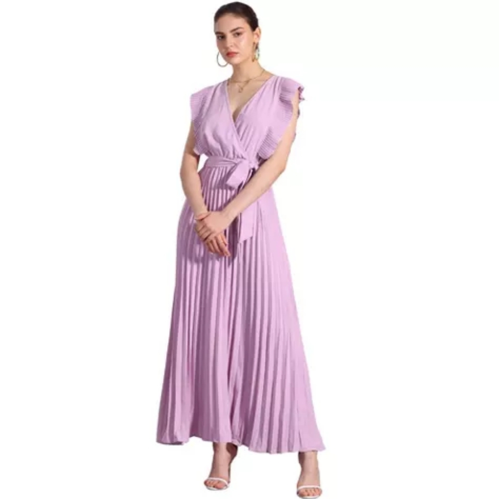 NWOT V Neck Sleeeveless Midi Pleated Wrap Dress Purple S